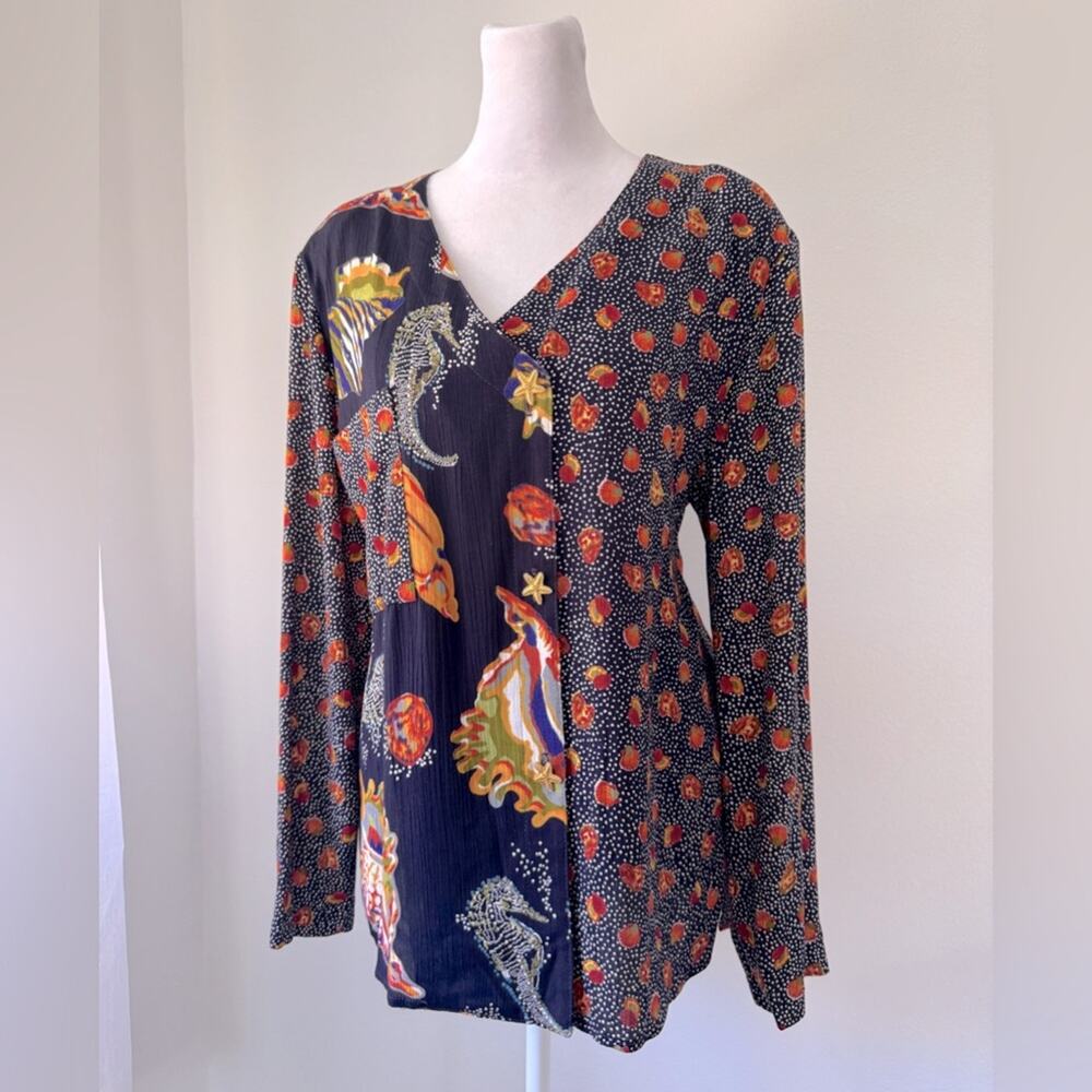Vintage Y2K A.K.F. New York Ocean Print V-Neck Long Sleeve Button Down Blouse
